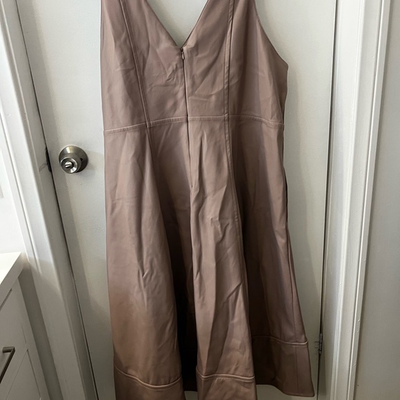 Maeve Beige V-Neck Faux Leather Midi Dress - Picture 6 of 8